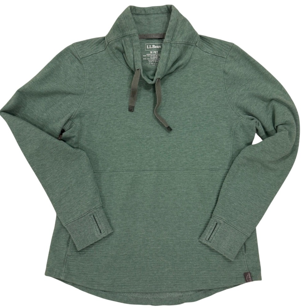 LL Bean Funnel Neck Sweatshirt Womens Medium Petite Green Thumbhole Pockets